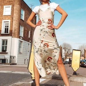 Silk floral dress with side slits and open back